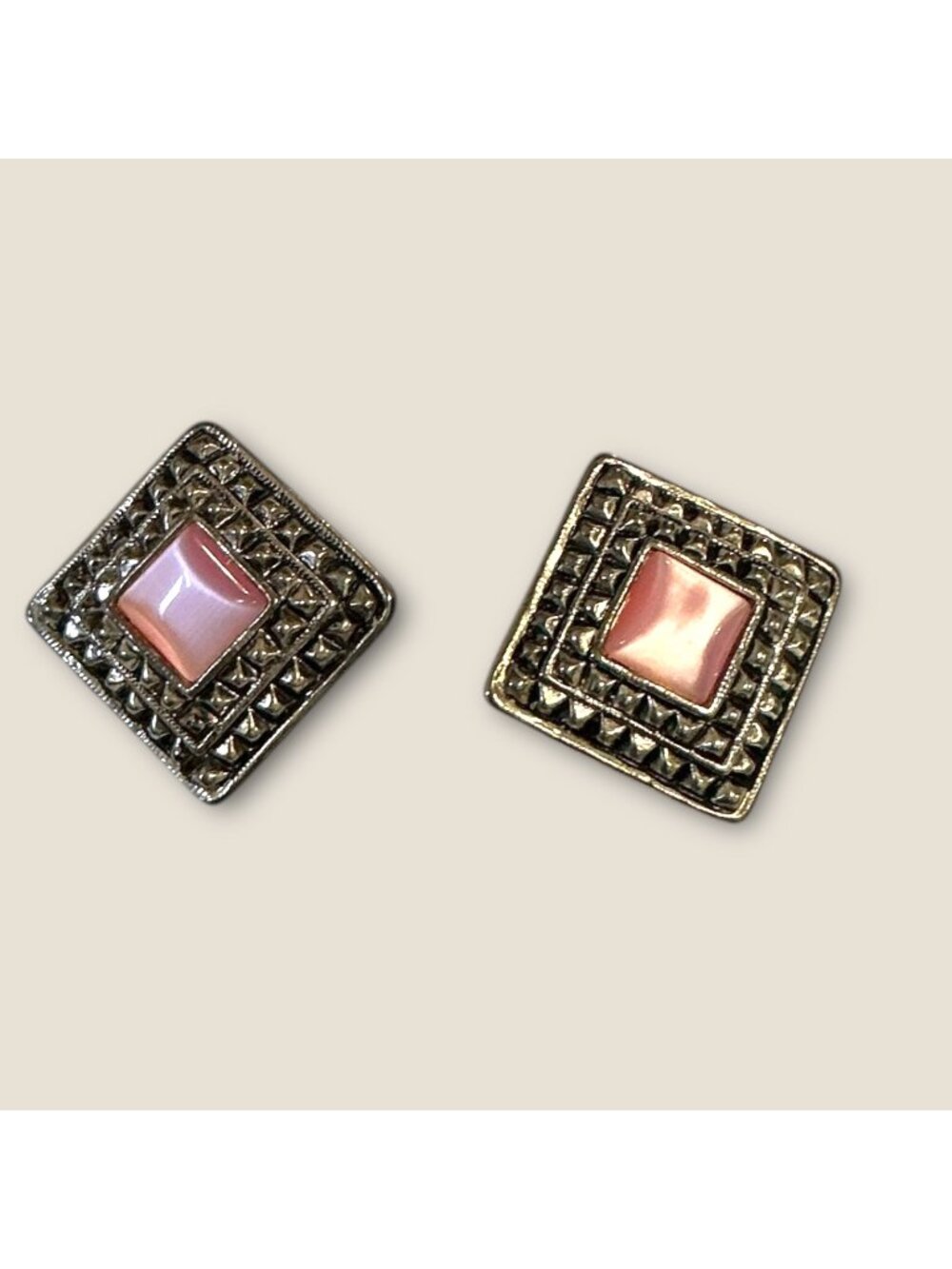 Square Silver Tone Earrings With Pink Cats Eye Stone Center And Textured Frame